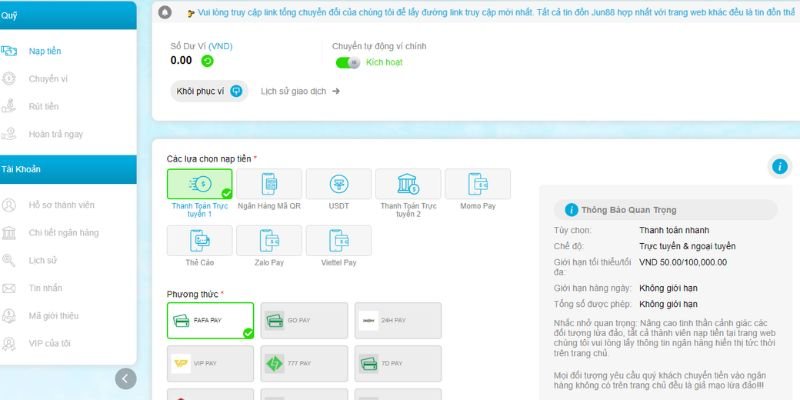 Jun88 hỗ trợ đa dạng phương phức nạp tiền